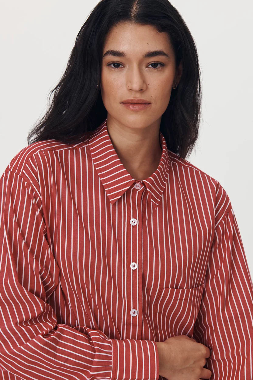 Romona Stripe Long Sleeve Shirt - Cherry Red