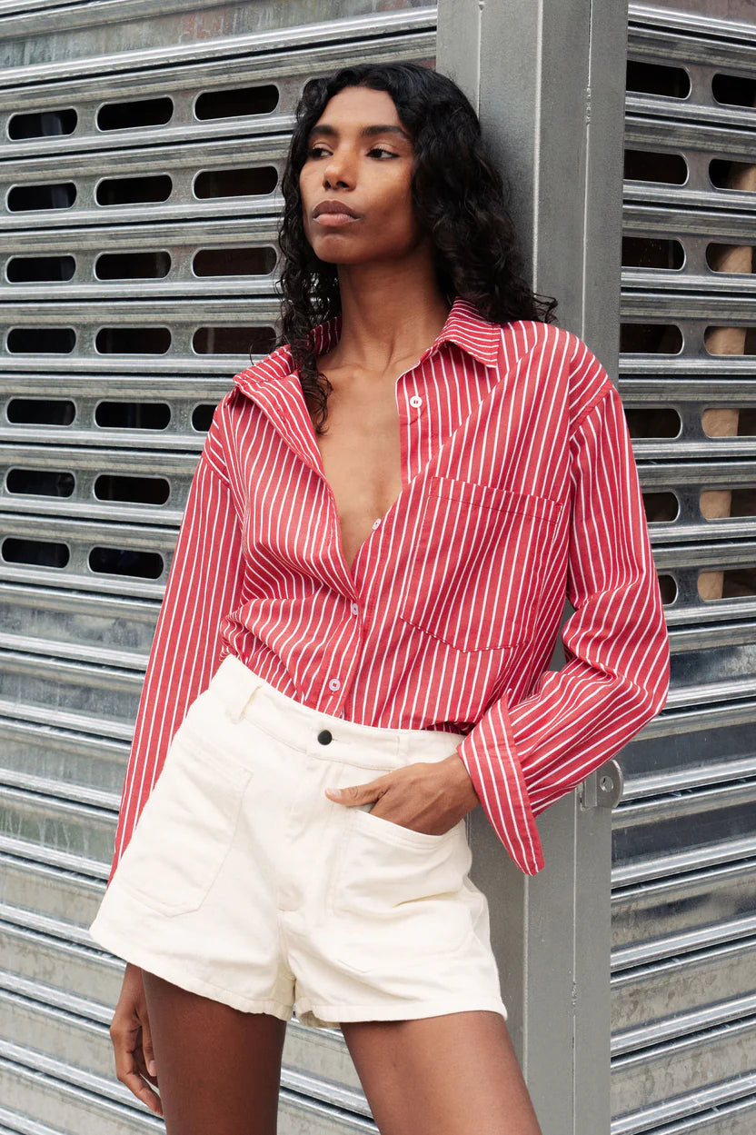 Romona Stripe Long Sleeve Shirt - Cherry Red